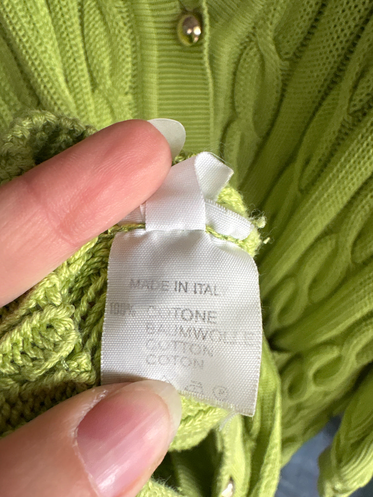 Cardigan italian verde crud cu torsade din bumbac de gramaj mare in croi lejer