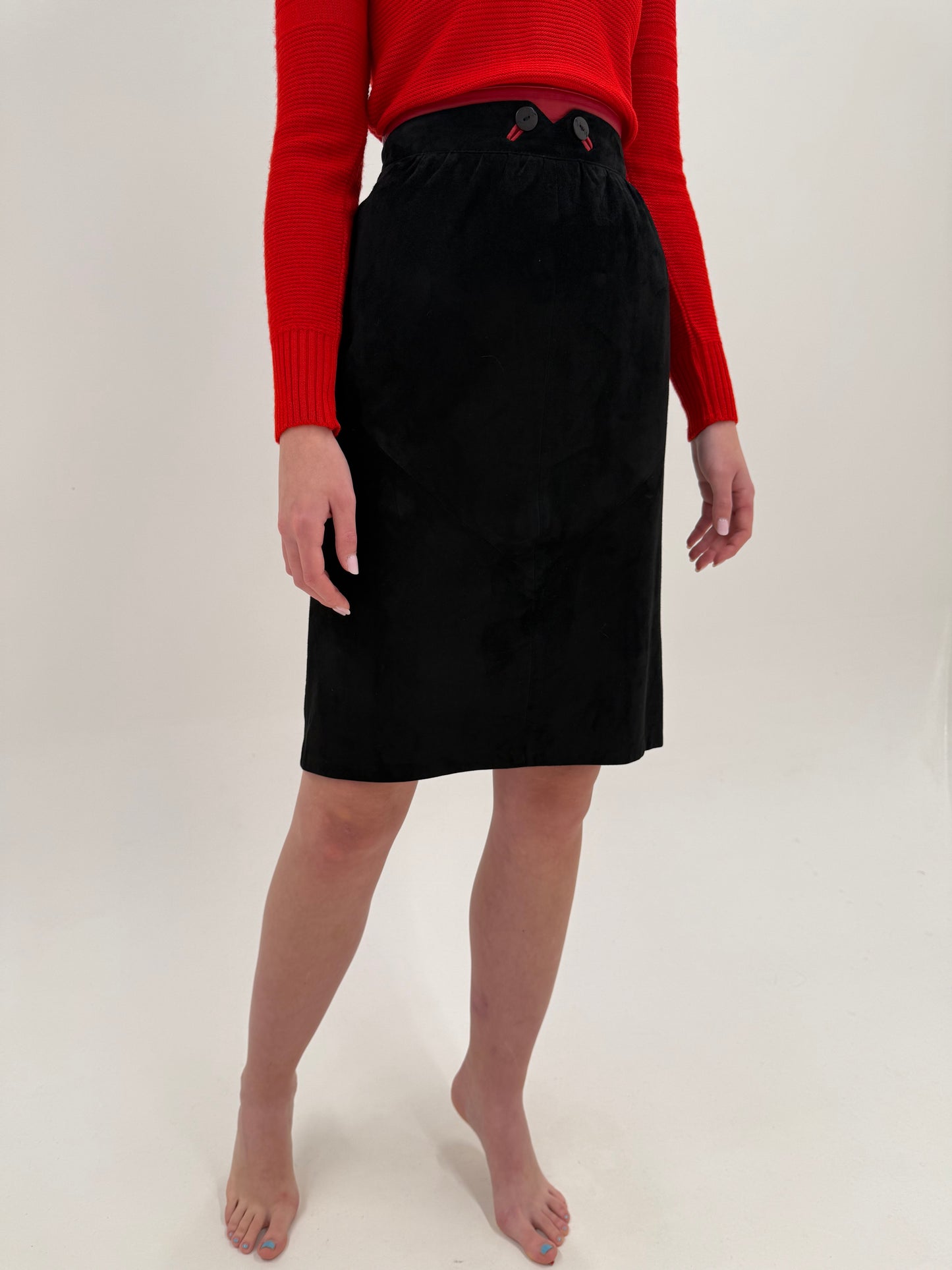 Fustă neagră vintage din piele naturală mănușă cu detaliu chic în talie