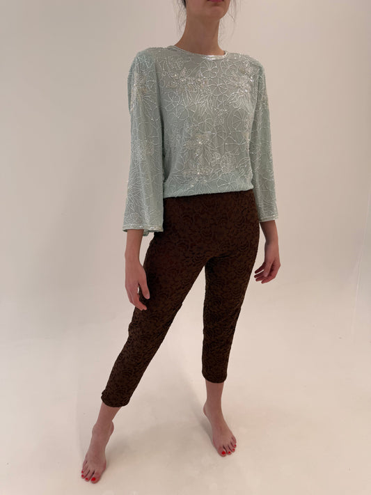 Pantaloni vintage petite italienești din dantelă guipure cu talie ultra înaltă