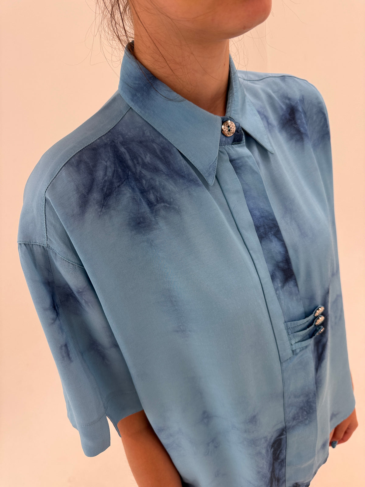 Set super vaporos baby blue cu print manual tye-and-dye și culottes