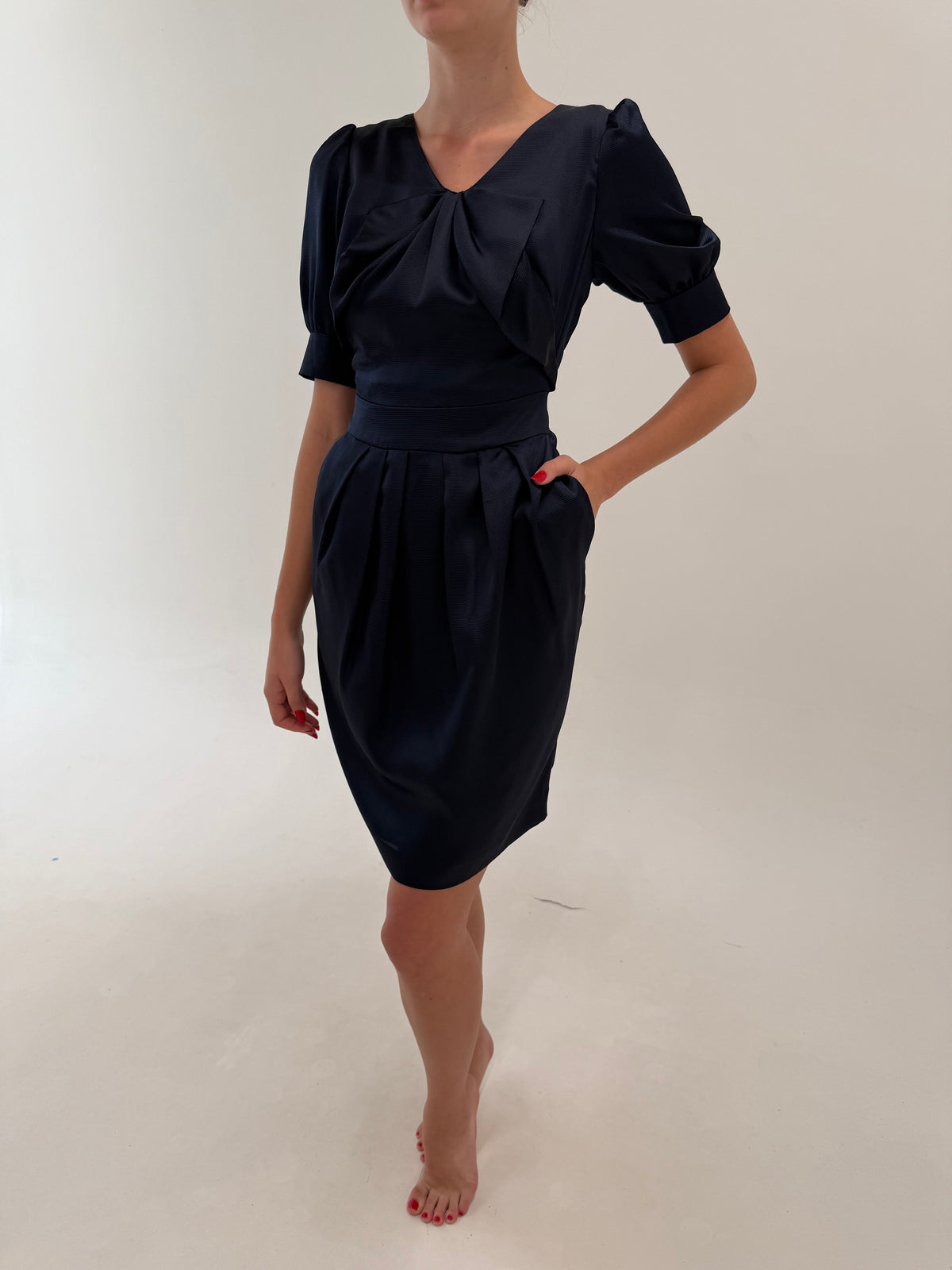 Rochie de la business la cocktail midnight blue din mătase naturală plină texturată