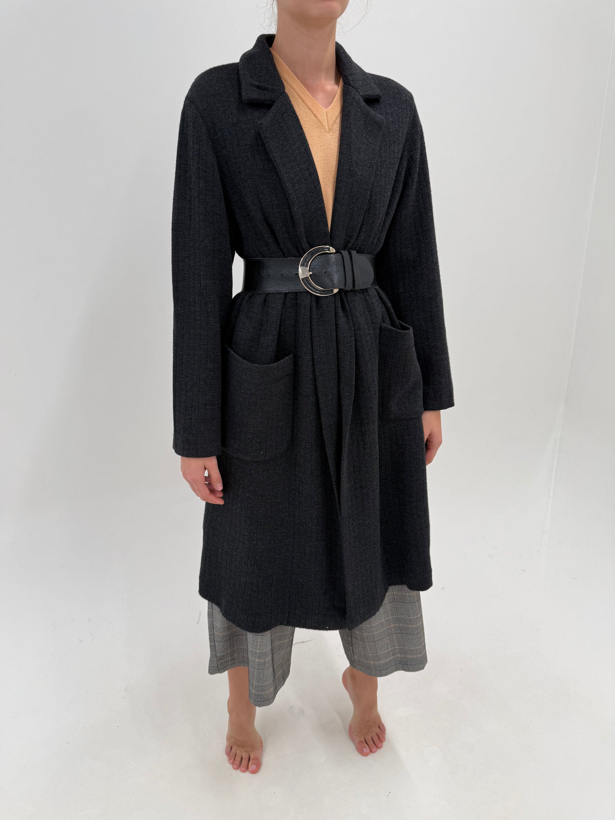 Cardigan tip pardesiu lung italian cu buzunare din lana extrafina charcoal gray