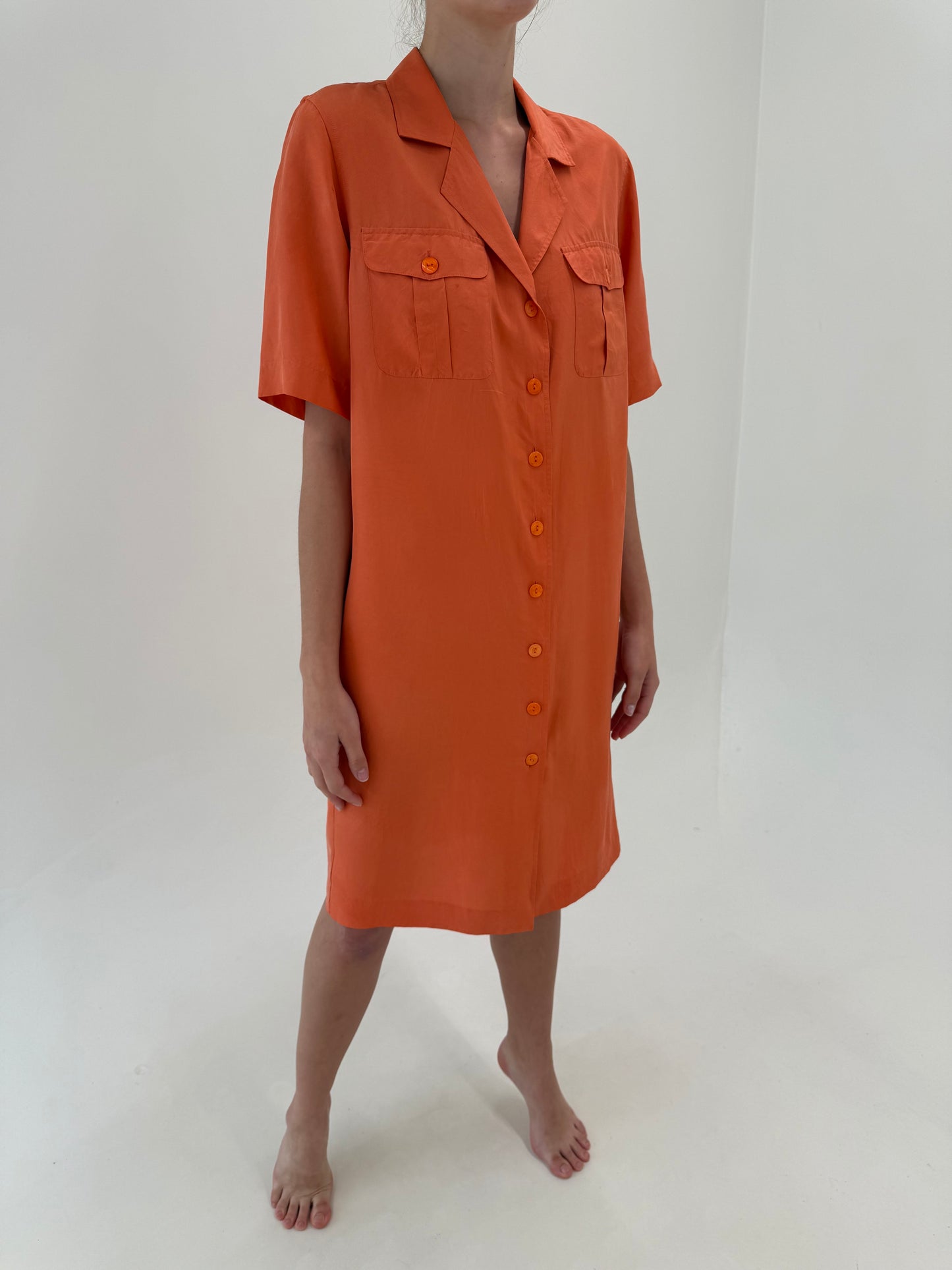 Rochie vintage italiană pumpkin orange tip cămașă din mătase naturală