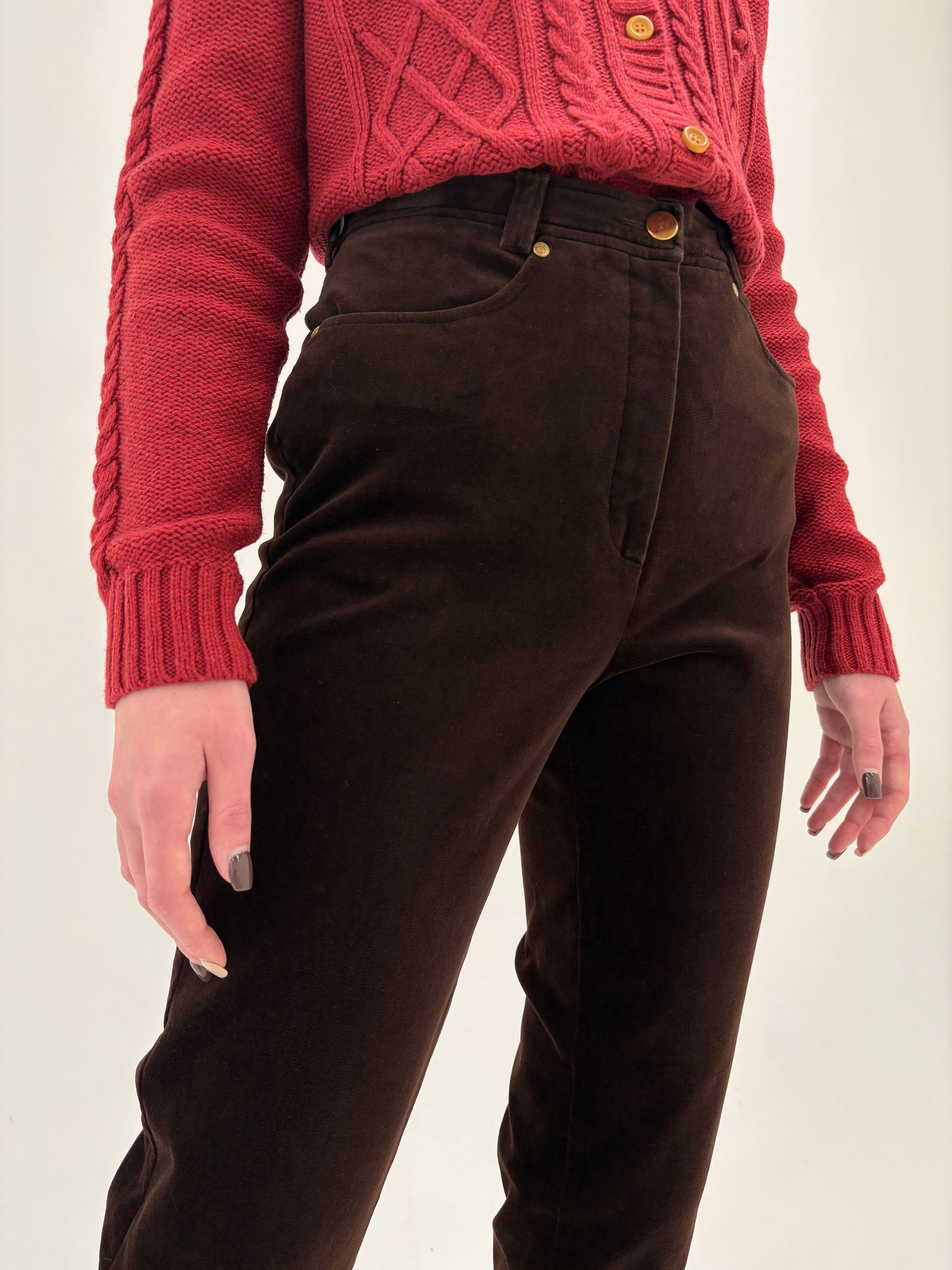 Pantaloni confort chocolate brown  din catifea modelatoare cu talie înaltă