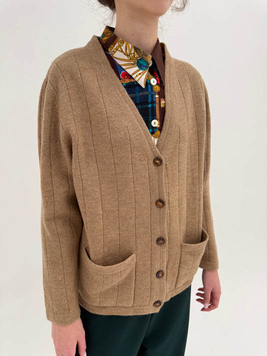 Cardigan super gros camel din lana merino extrafina de gramaj super mare