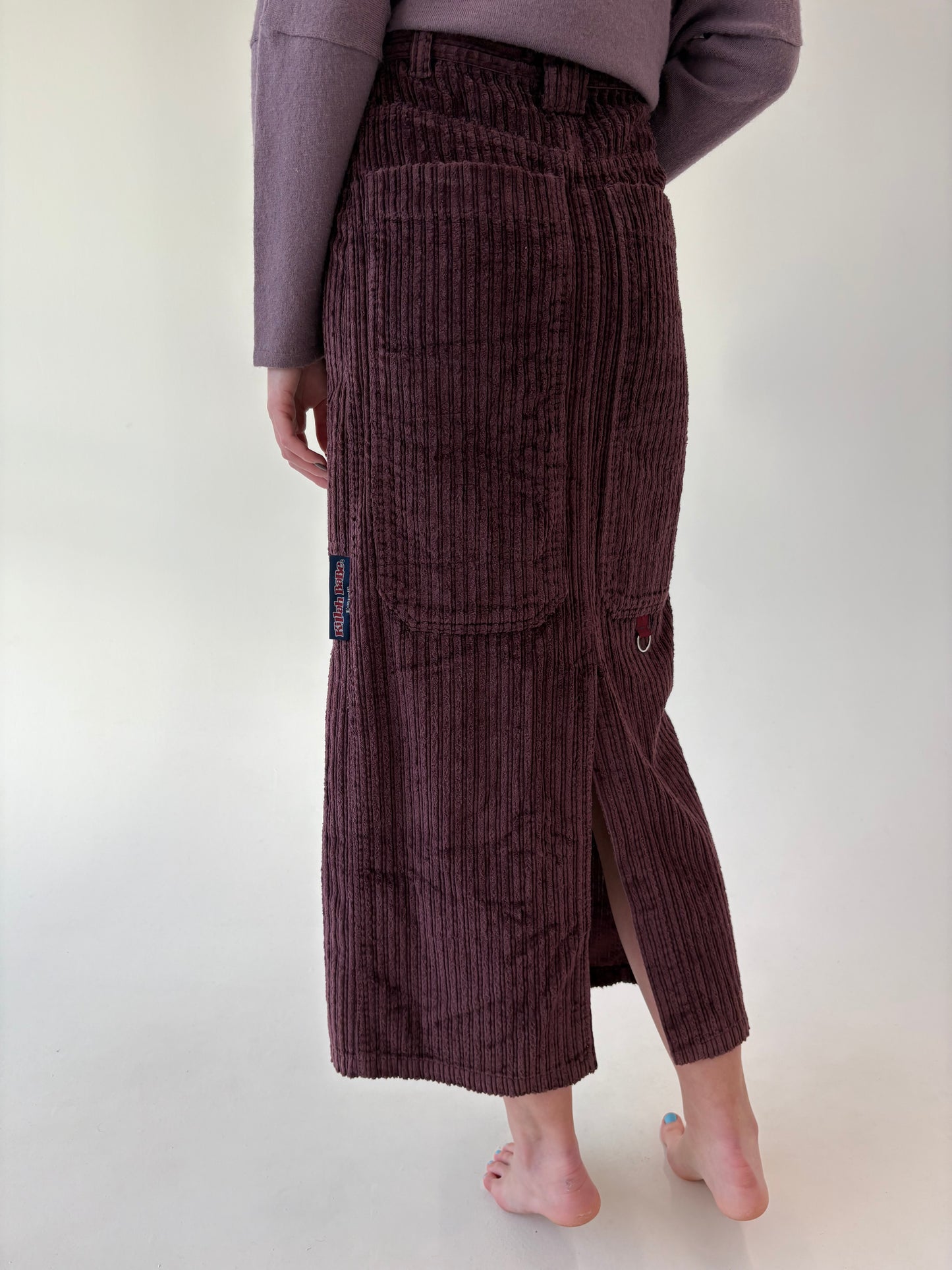 Fustă vintage maxi aubergine din corduroy cu talie ultra înaltă