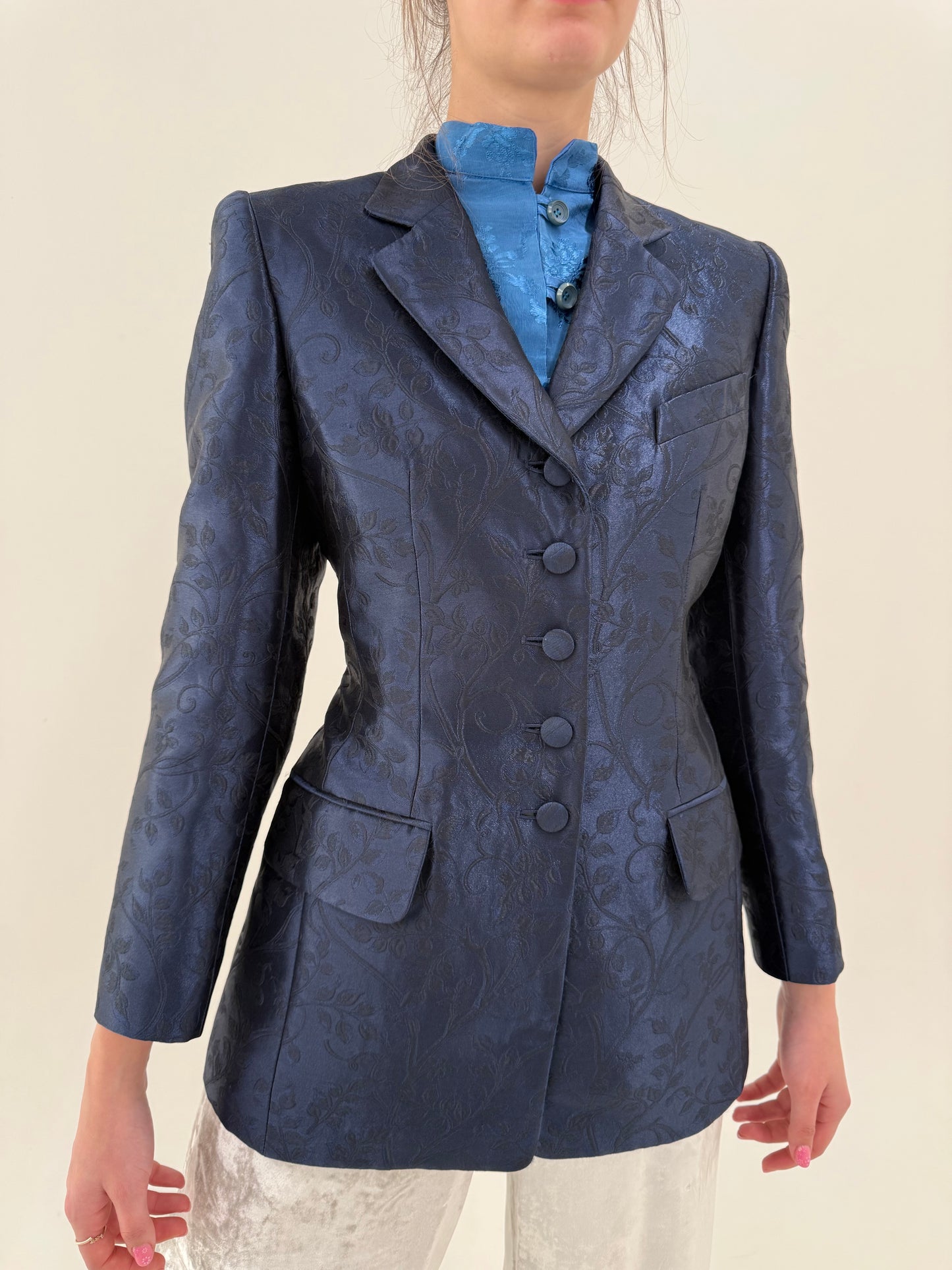 Sacou elegant Rena Lange din mix de mătase naturală jacquard in croi cambrat