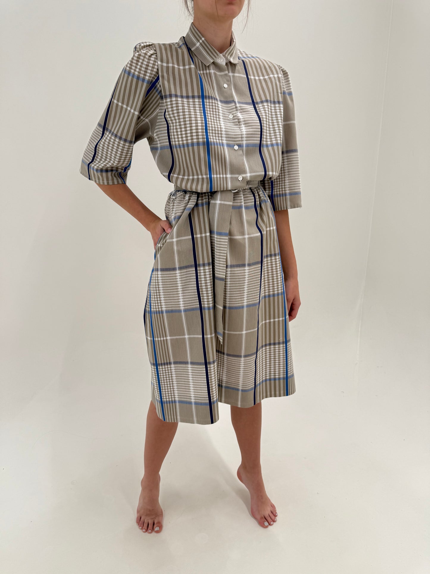 Rochie vintage în stil Prada din pânză de bumbac cu talie reglabilă și buzunare