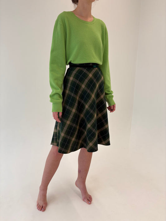 Fustă vintage din Tartan de lana green forest în carouri camel