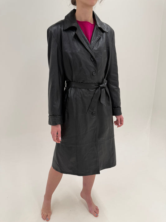 Trench vintage italian negru din piele naturală extrem de moale cu talie marcată