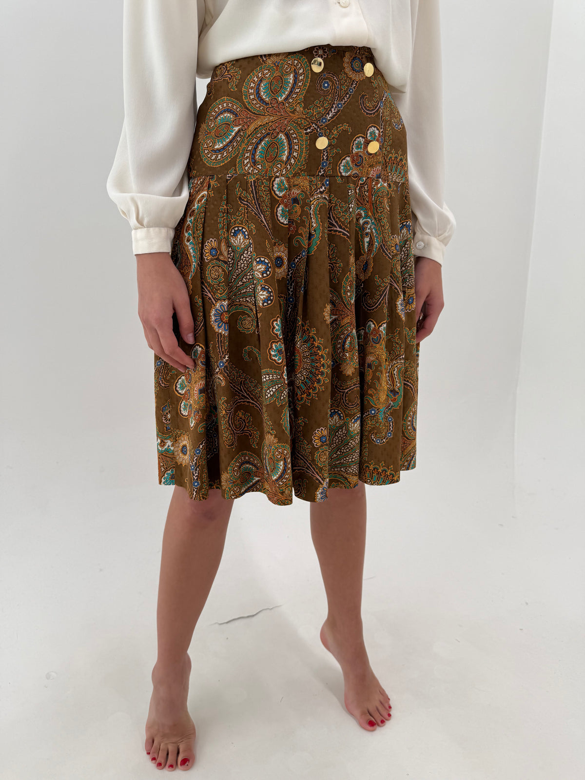 Fustă plisată din mătase naturală groasă cu print paisley în culori de toamnă