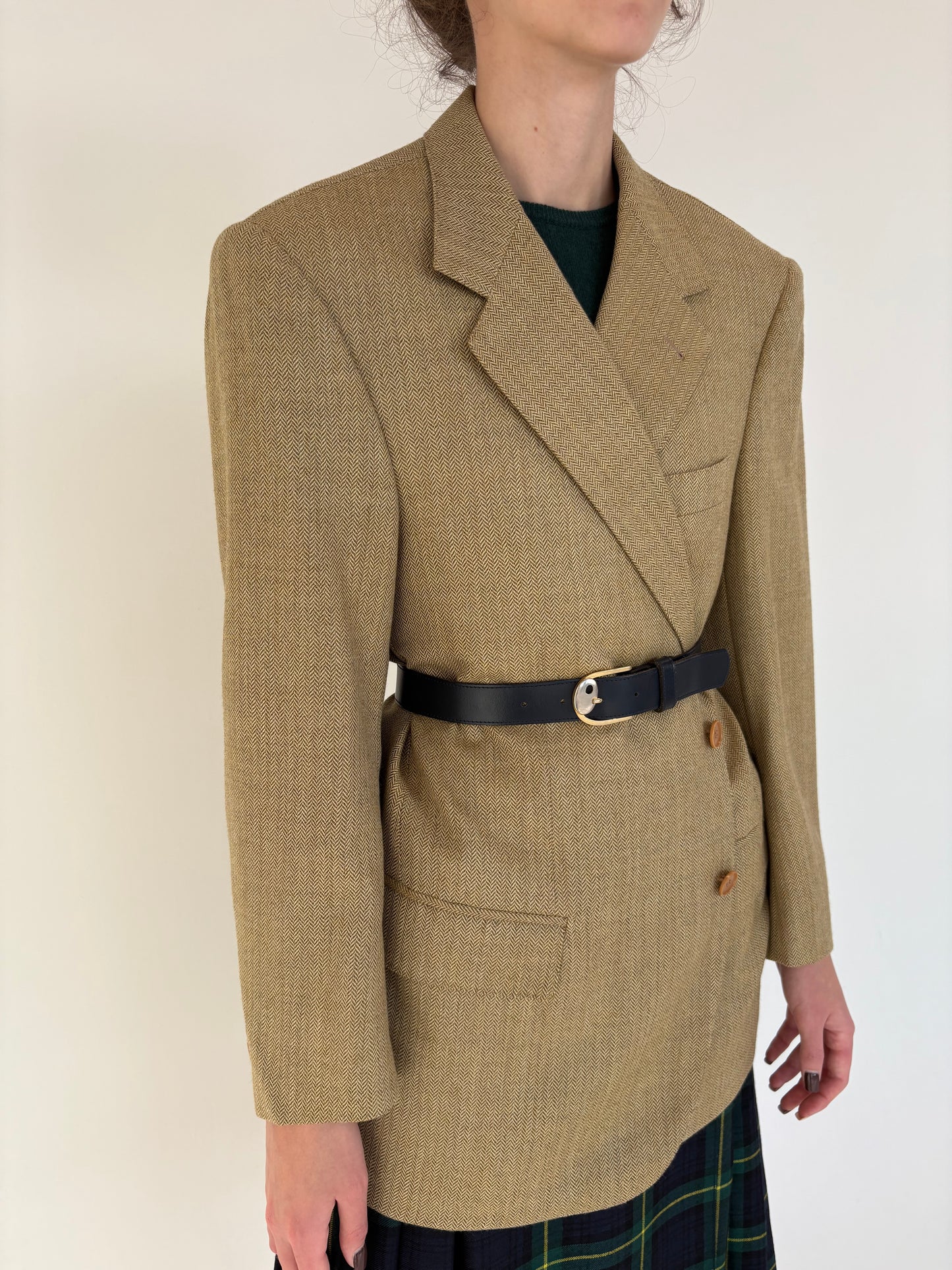 Sacou italian couture camel din stofă de lana și cașmir herringbone