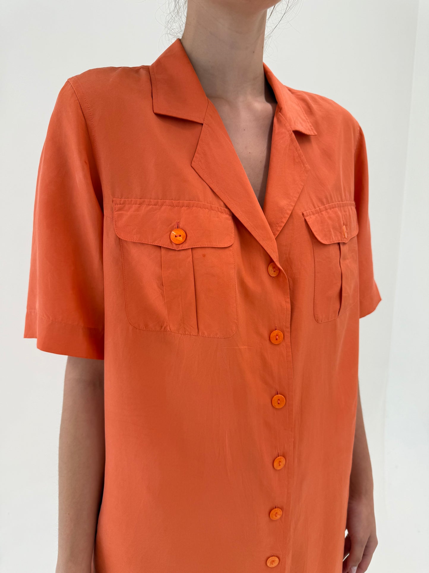 Rochie vintage italiană pumpkin orange tip cămașă din mătase naturală