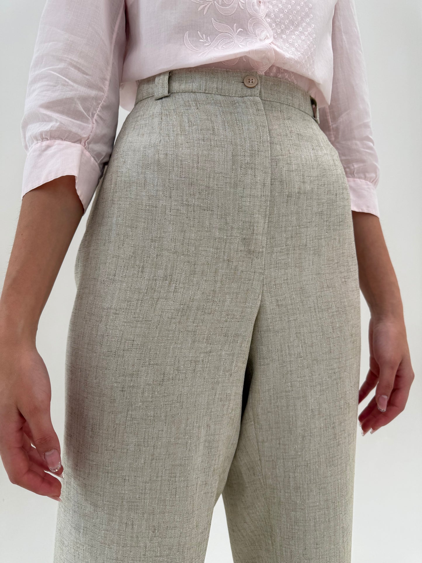 Pantaloni din pânză excepțională fluidă sand nude cu talie înaltă