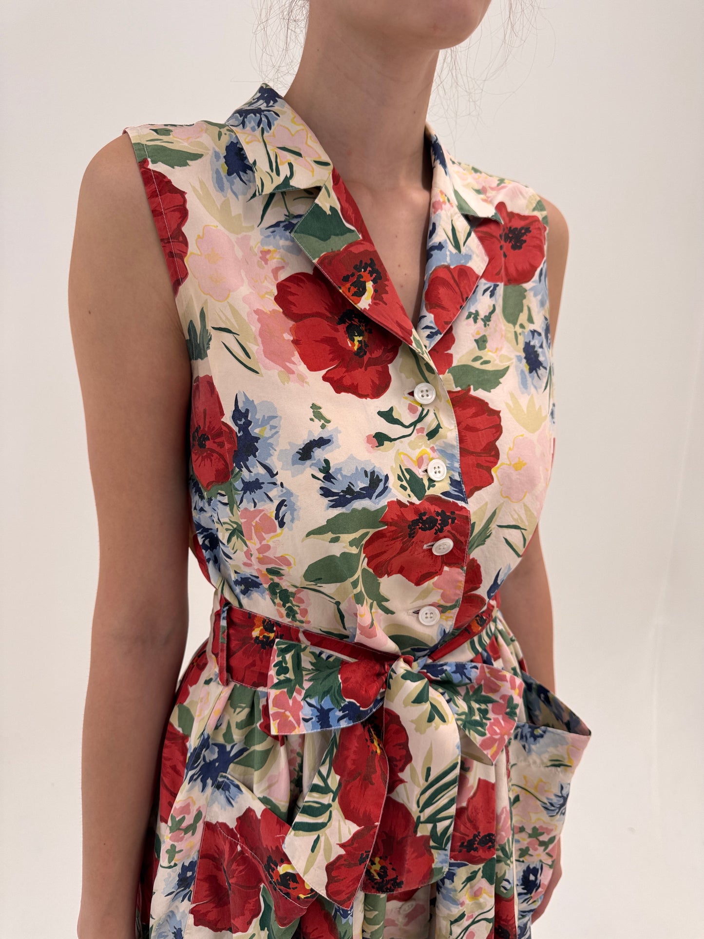 Rochie vintage din mătase naturală cu talie ultra înaltă reglabilă și print floral superb