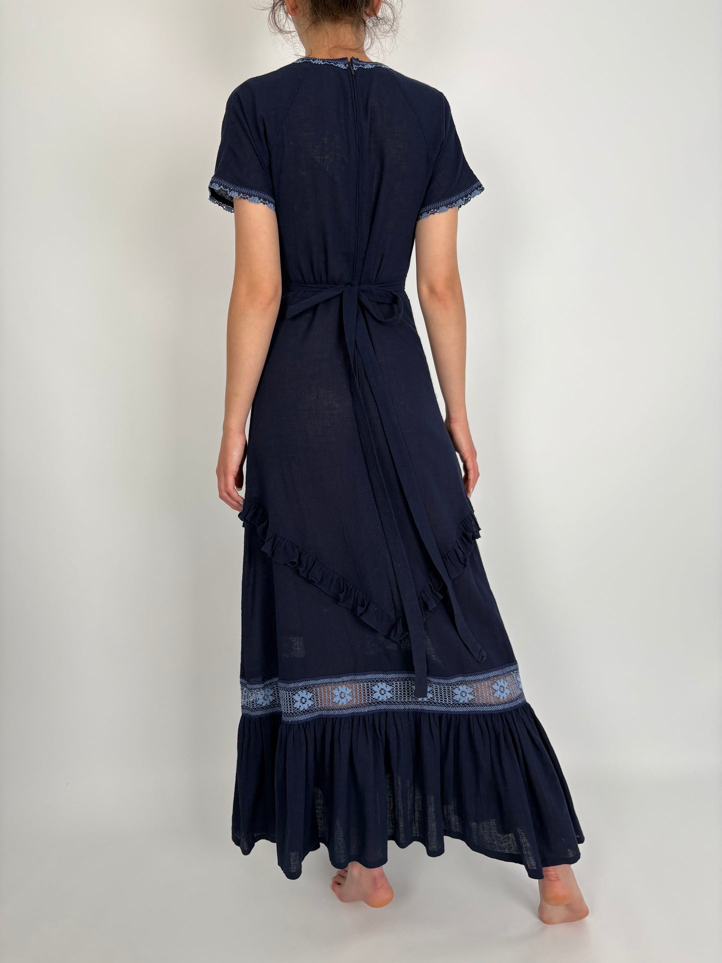 Rochie maxi vintage nouă din pânză cu dantelă macrame baby blue