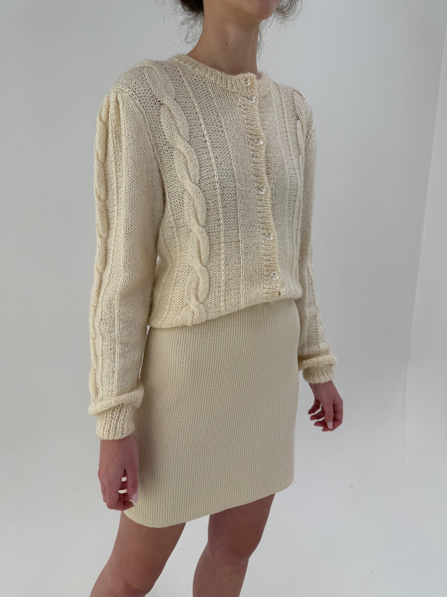 Fustă din jerse ribbed butter white din lana merino extafina de gramaj mare