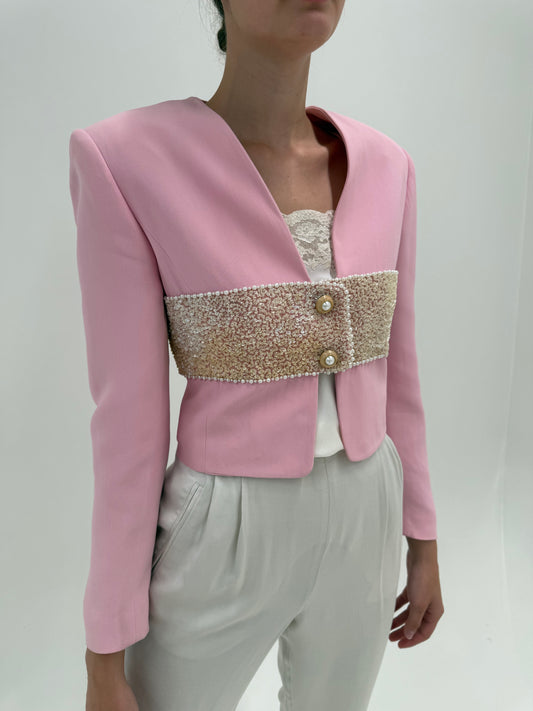 Sacou couture de brand ultra luxury italian Mimmina powder pink cu aplicații manuale