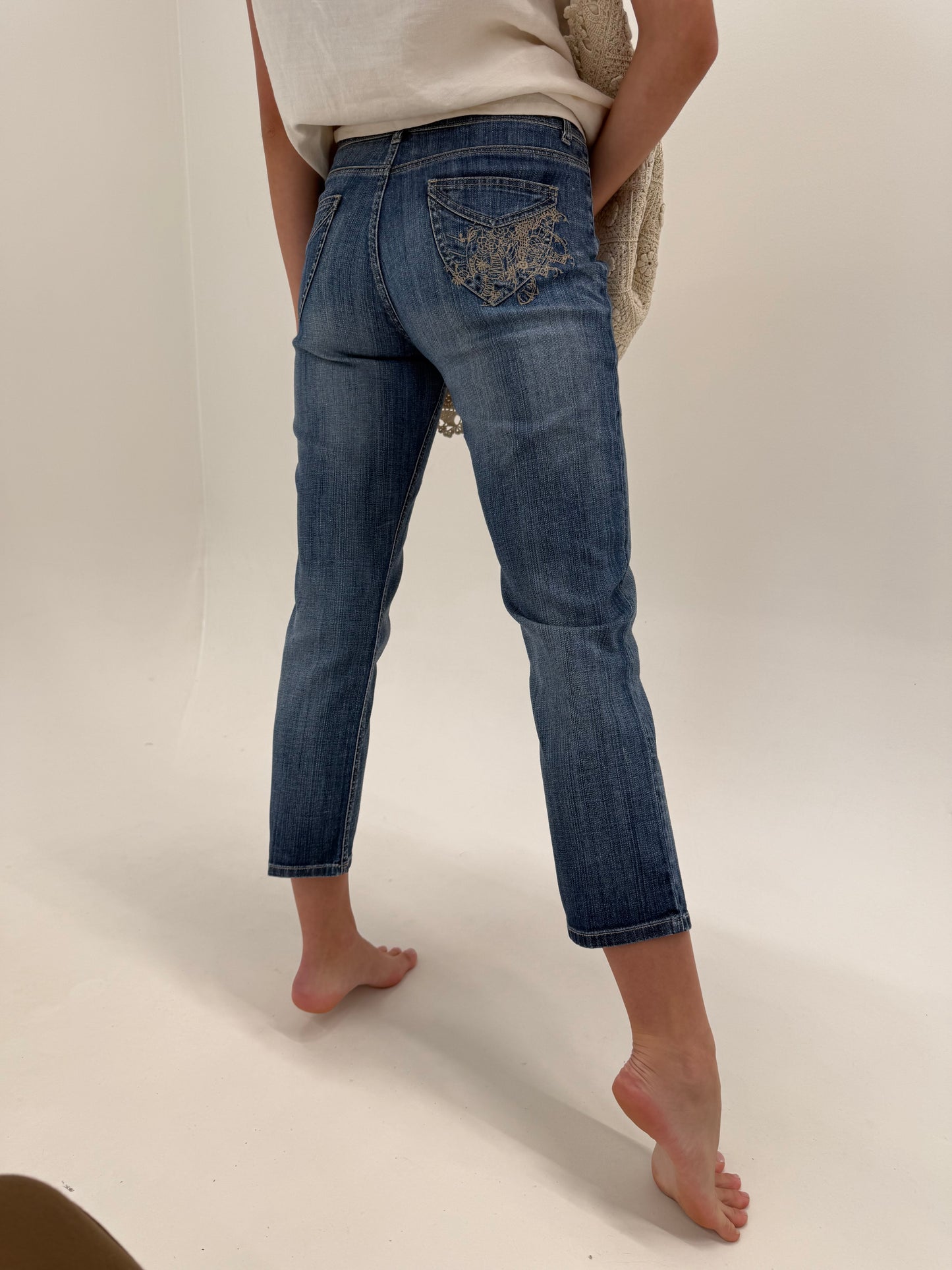 Jeans petite Escada de vară cu broderie sand nude ultra confort