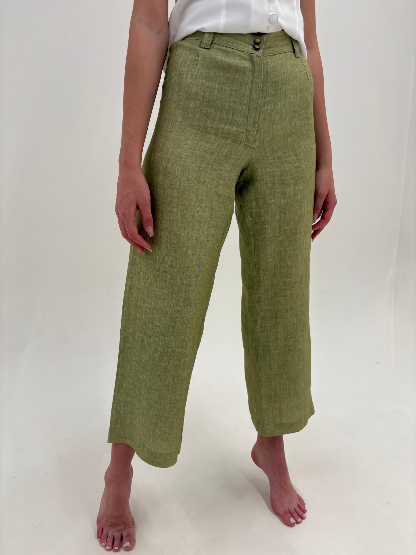Pantaloni olive green din in în croi spre palazzo petite