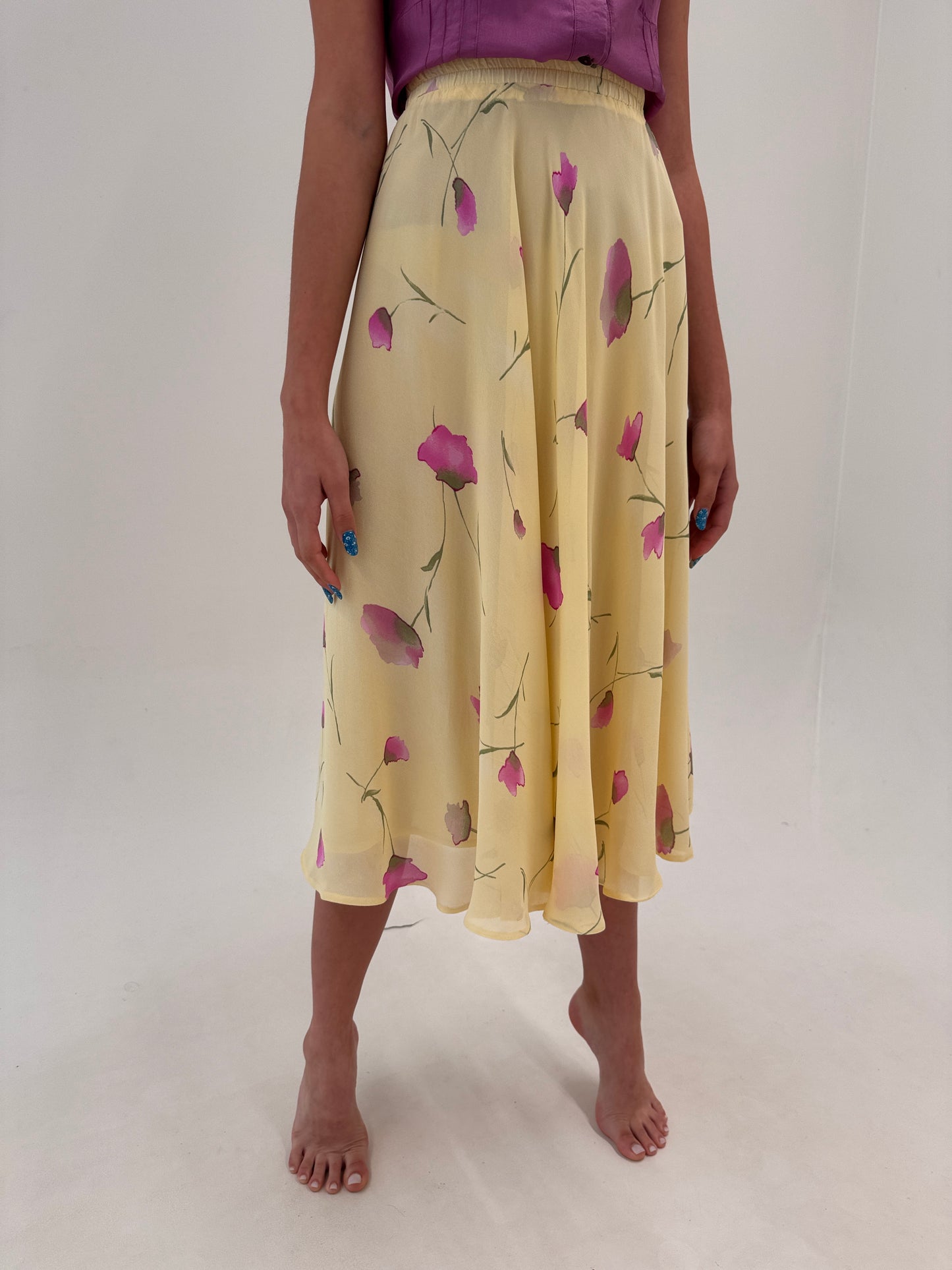 Fustă maxi butter yellow ultra amplă cu print floral delicat Barbie pink