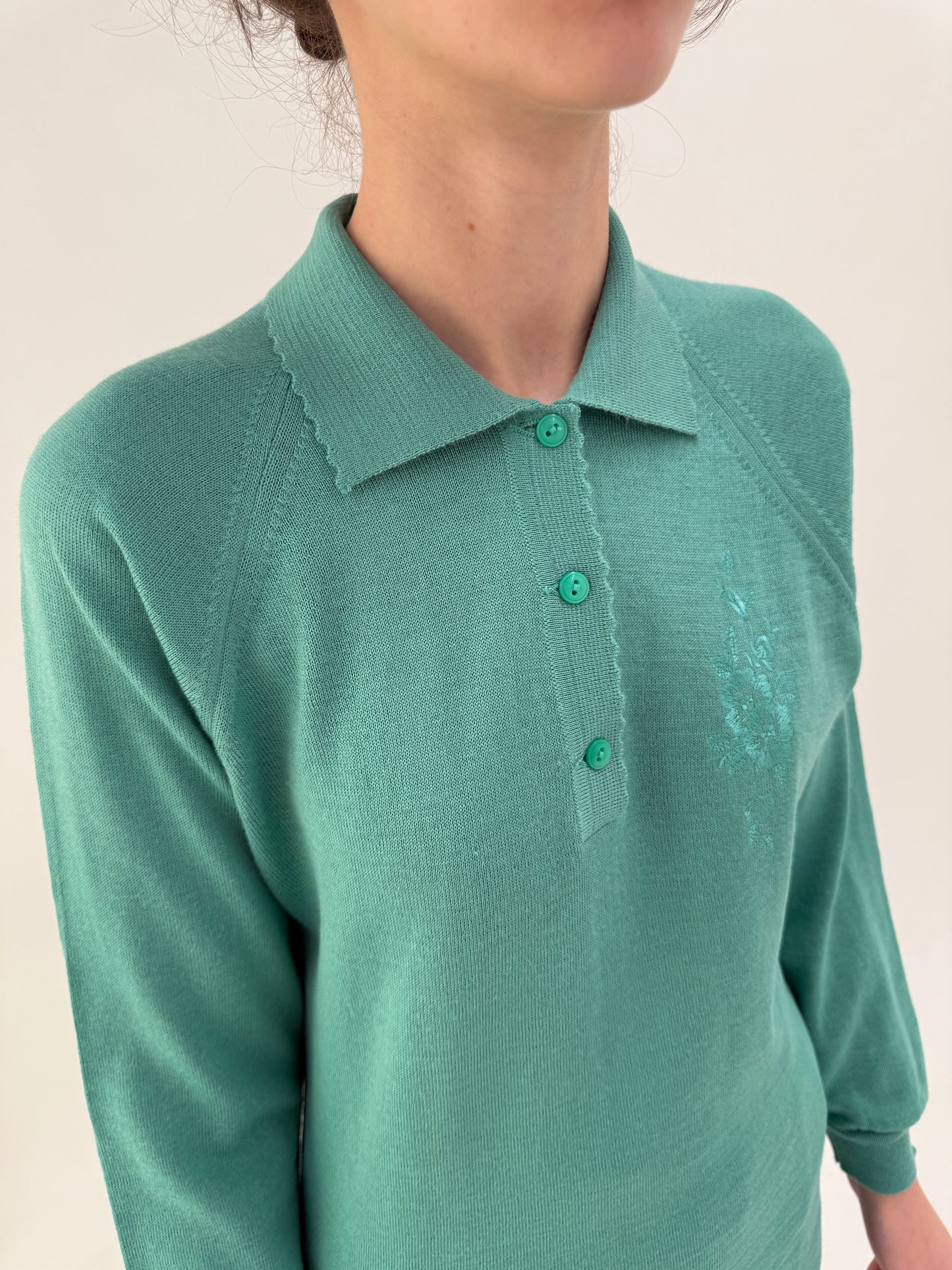 Pulover vintage polo mint green cu broderie din lana extrafina