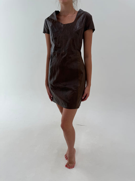 Rochie din piele naturală moale chocolate brown în croi clasic