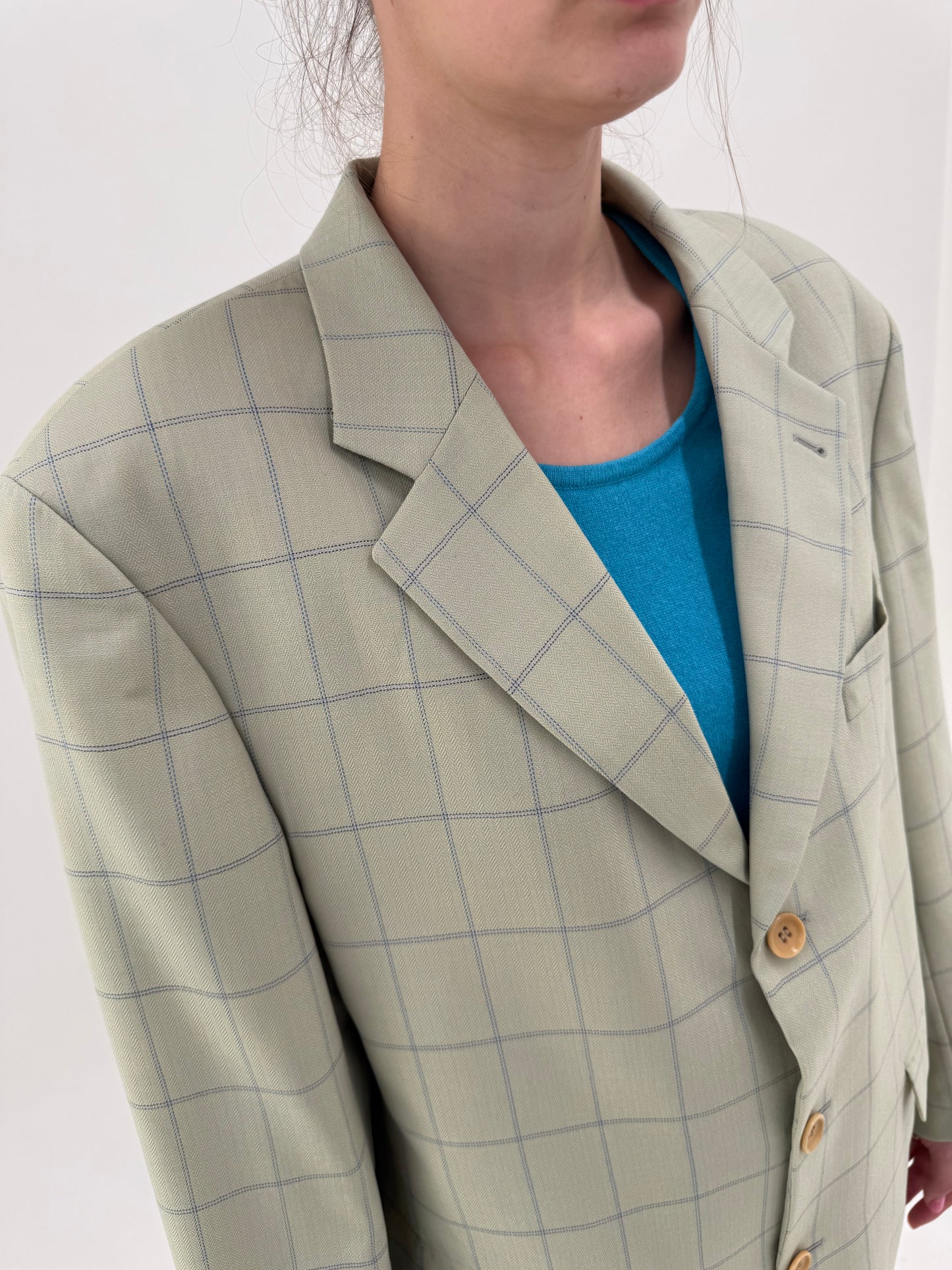 Sacou luxury Guy Laroche light green în carouri fine jeans blue