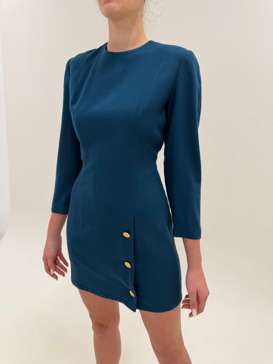 Rochie vintage italiană dark teal cu talie marcată din lana extrafina certificată