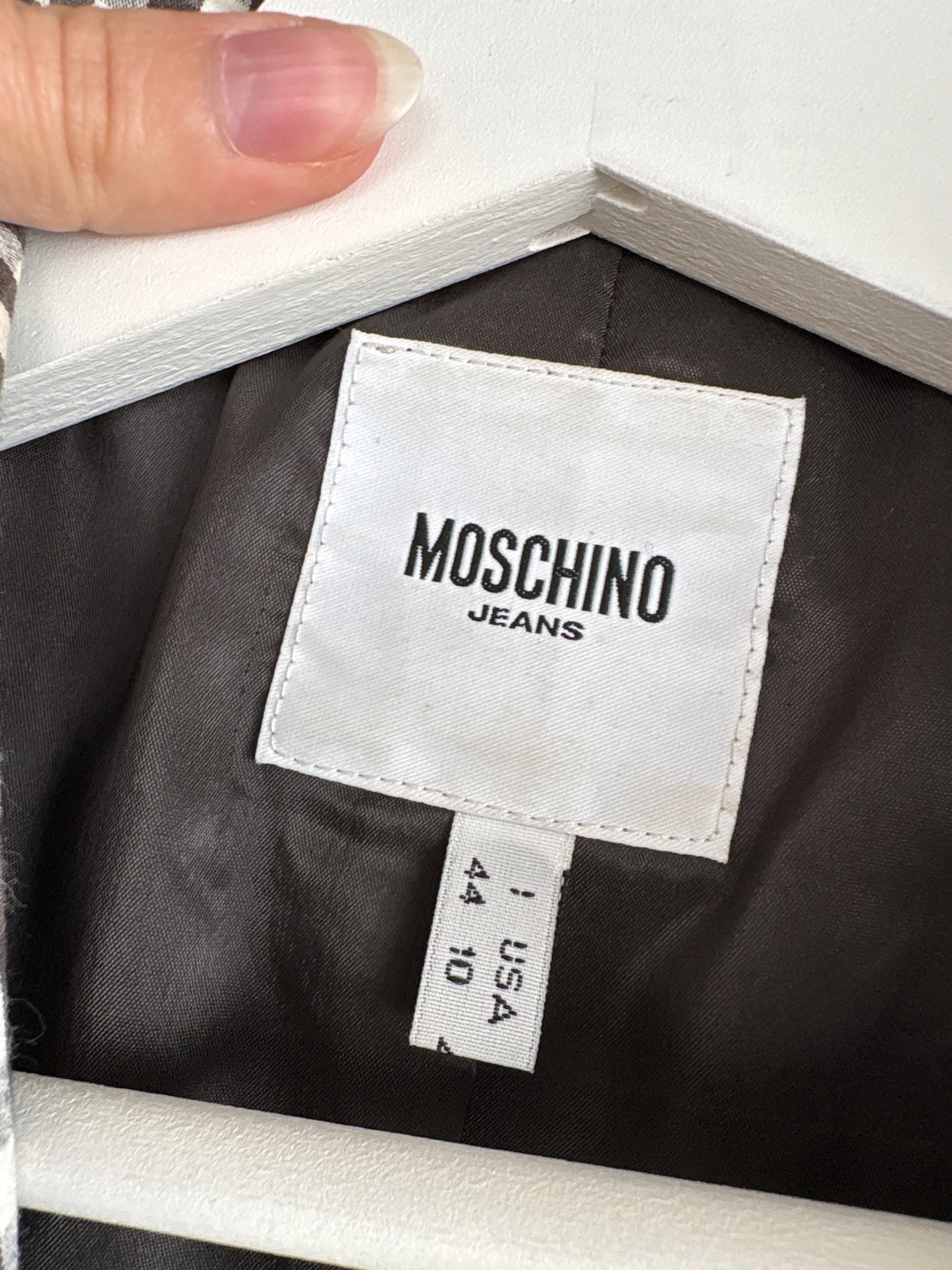 Sacou vintage Moschino gingham alb negru din canvas de bumbac ușor modelator