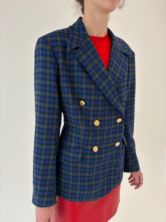 Sacou din Tartan de lana cu închidere dublă și nasturi aurii