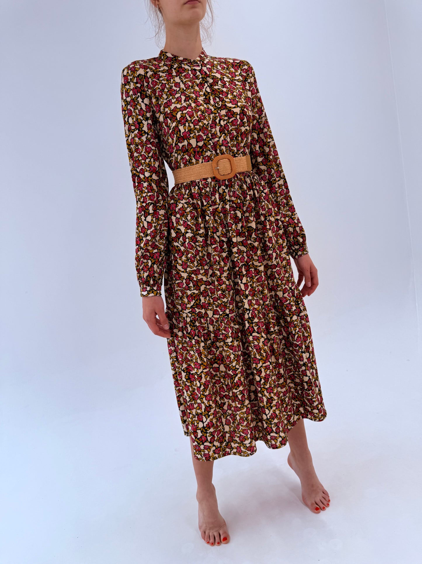 Rochie maxi camel cu print organic și talie ultra înaltă