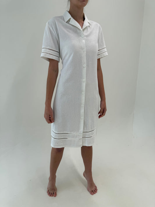 Rochie italiană tip cămașă din pânză de in și vascoza cu inserții brodate
