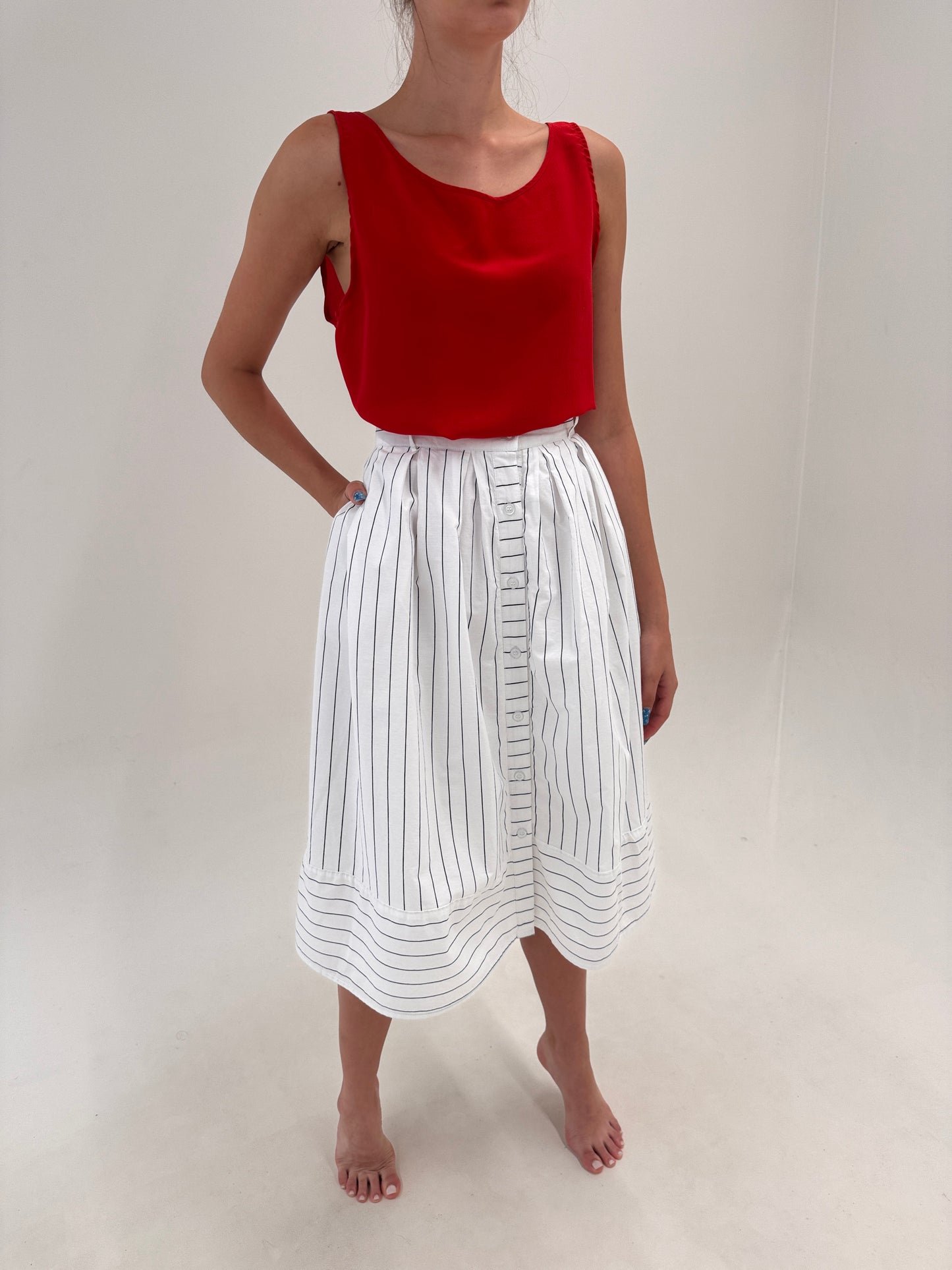 Fustă vintage din poplin premium în dungi fine cu buzunare în croi amplu