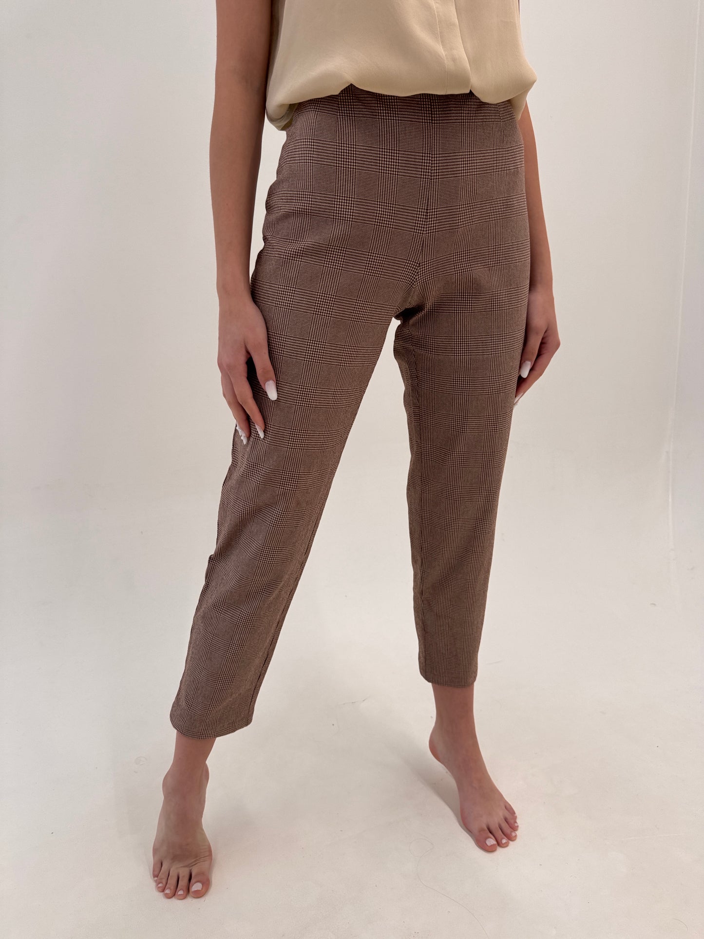 Pantaloni ultra confort modelatori Marella by Max Mata camel în carouri pied de coq