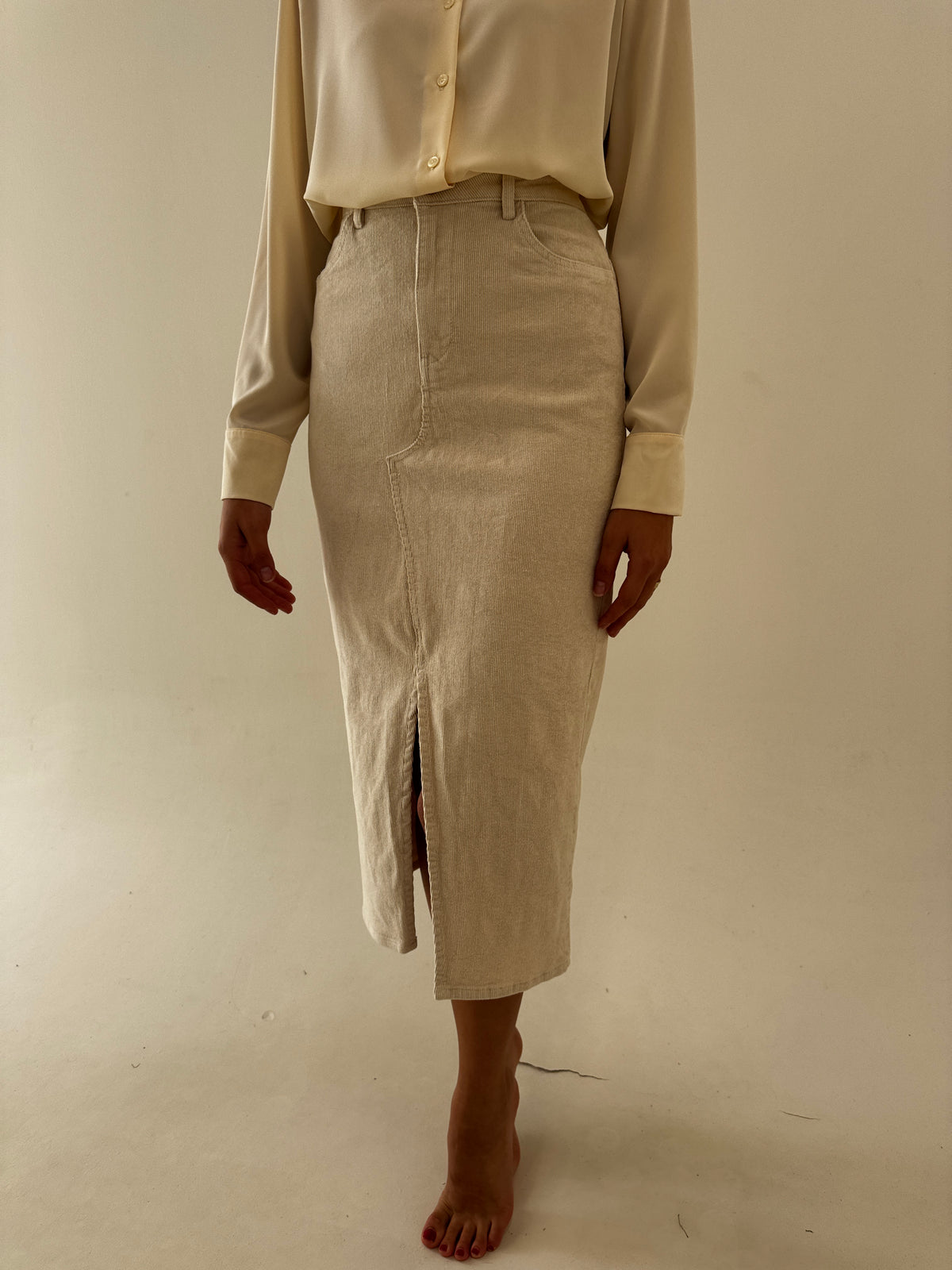 Fustă maxi creion butter white din catifea raiata fin ultra confort modelatoare
