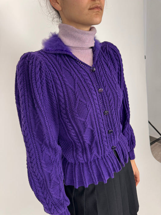 Cardigan vintage bijuterie indigo violet din lana plină extrafina