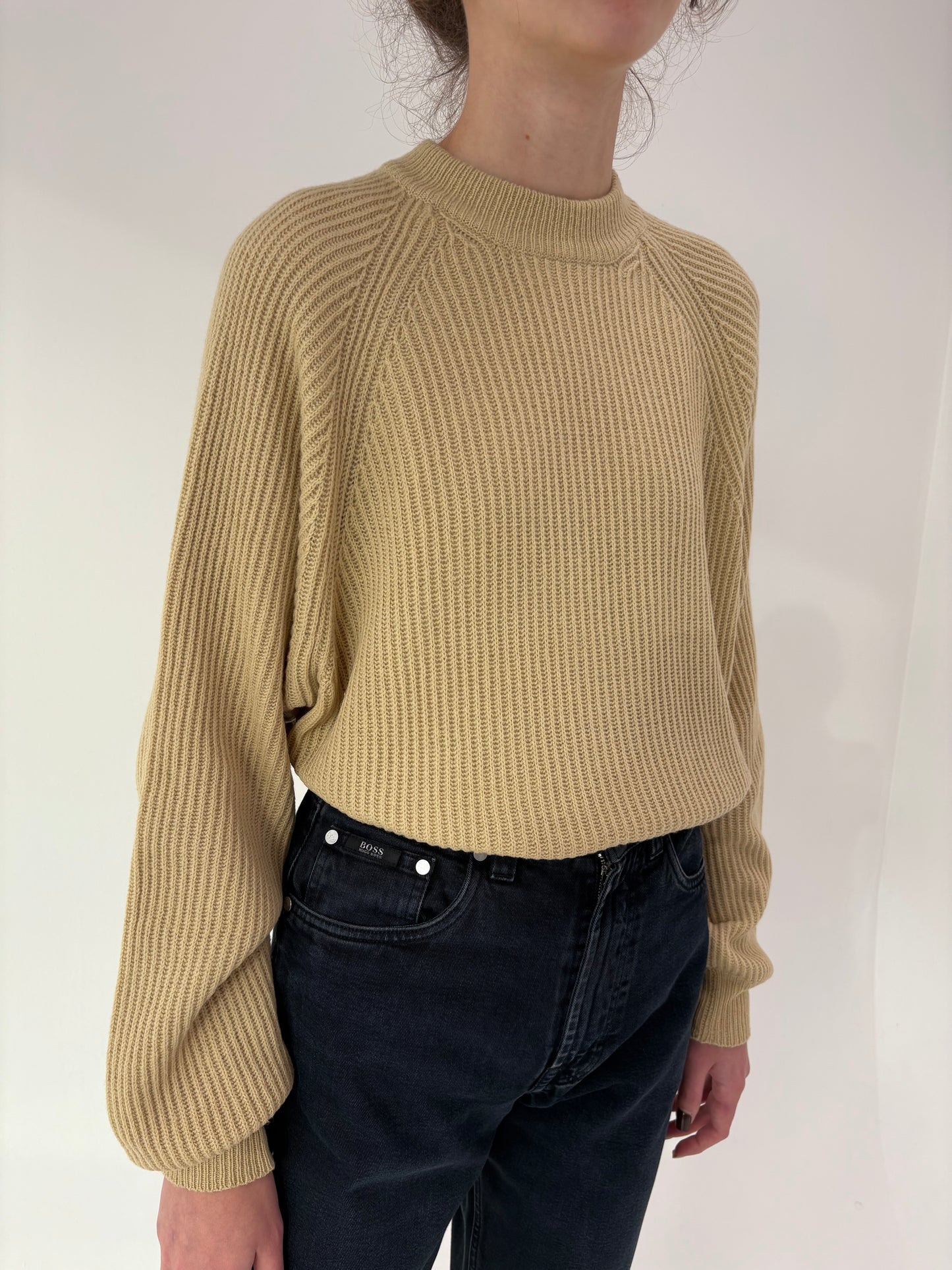 Pulover gros Stefanel sand nude din lana merino excepțională ribbed