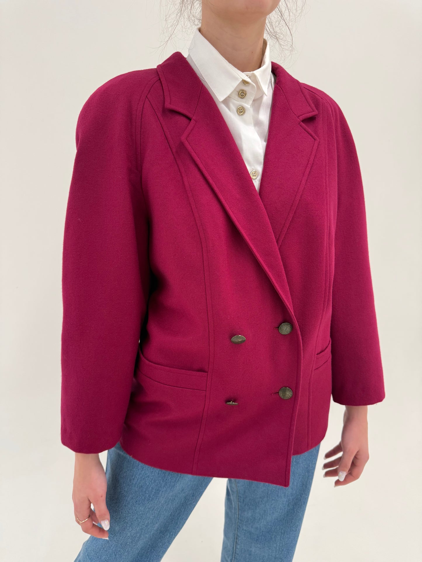 Sacou vintage cu mânecă raglan dark raspberry red în croi retro modern