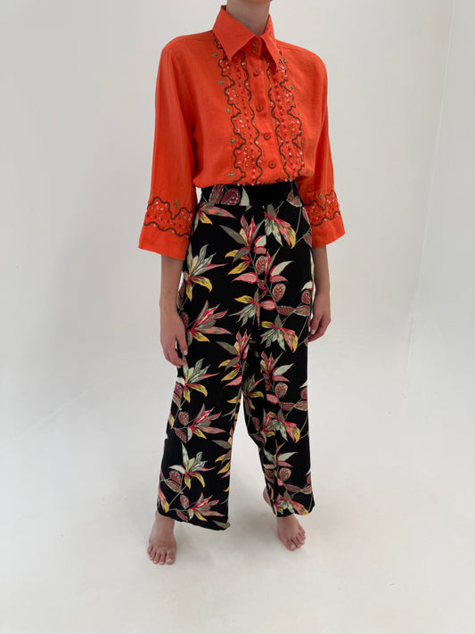 Pantaloni plus size super vaporoși cu print organic și talie elastică