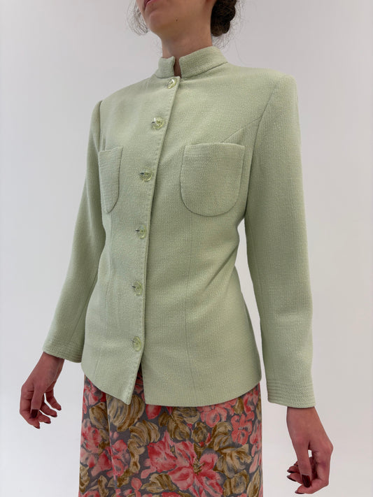 Sacou vintage petite din lana extrafina verde crud în croi ușor cambrat