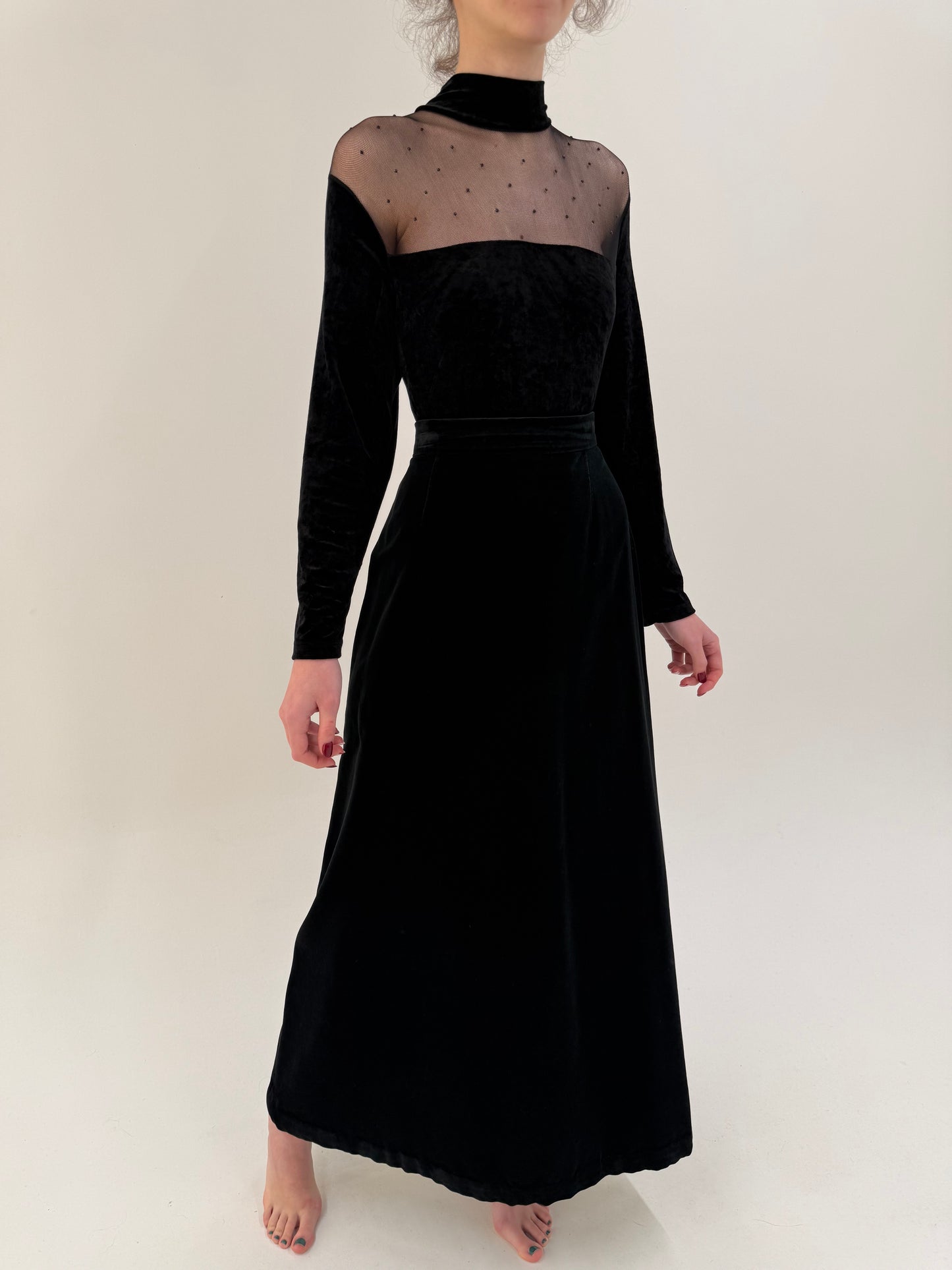 Fustă maxi vintage din catifea neagră cu talie ultra înaltă marcată