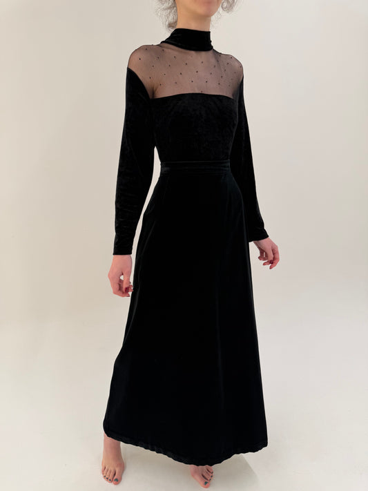 Fustă maxi vintage din catifea neagră cu talie ultra înaltă marcată