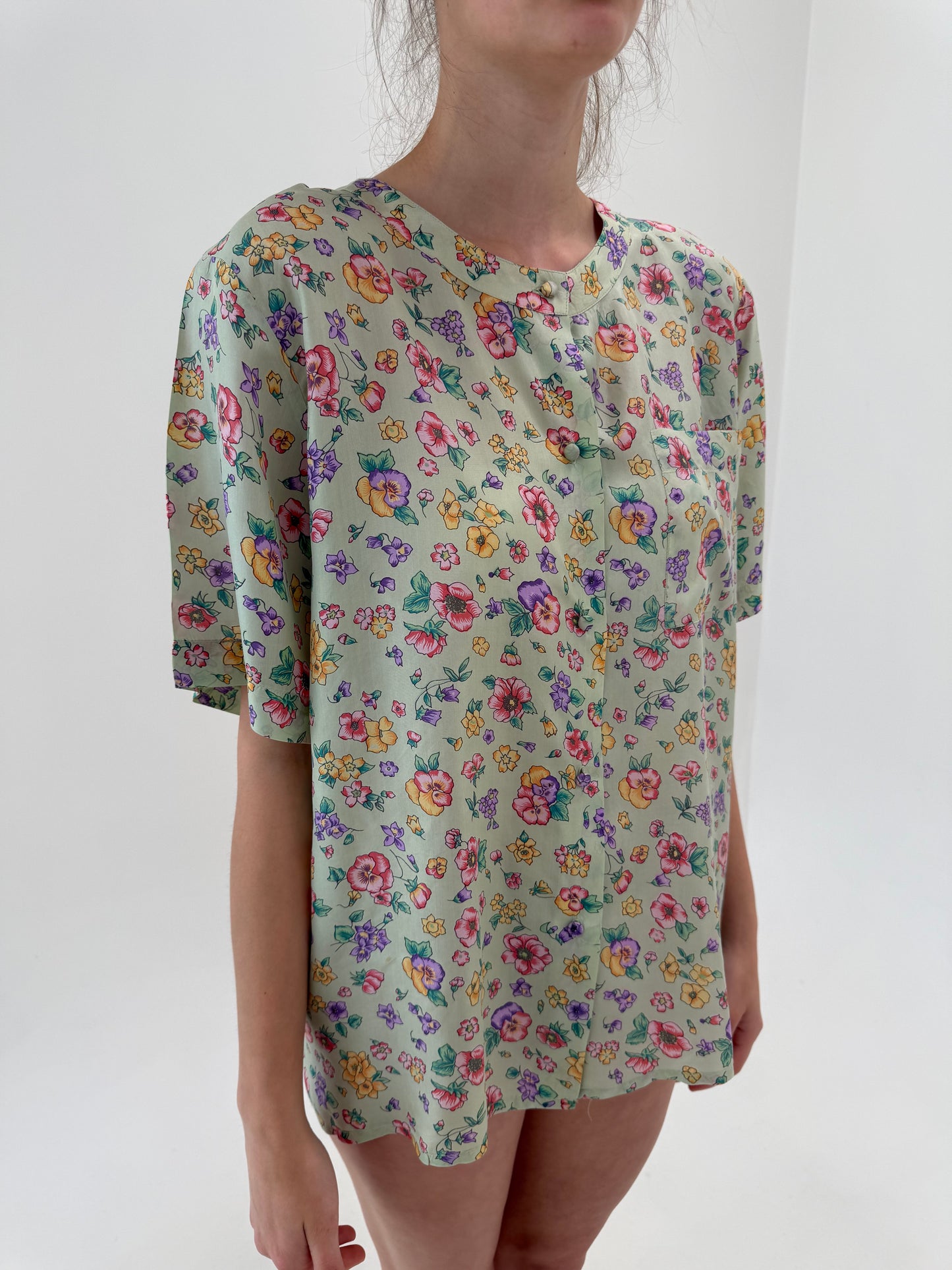 Top vintage mint green cu print floral din mătase naturală în croi oversized