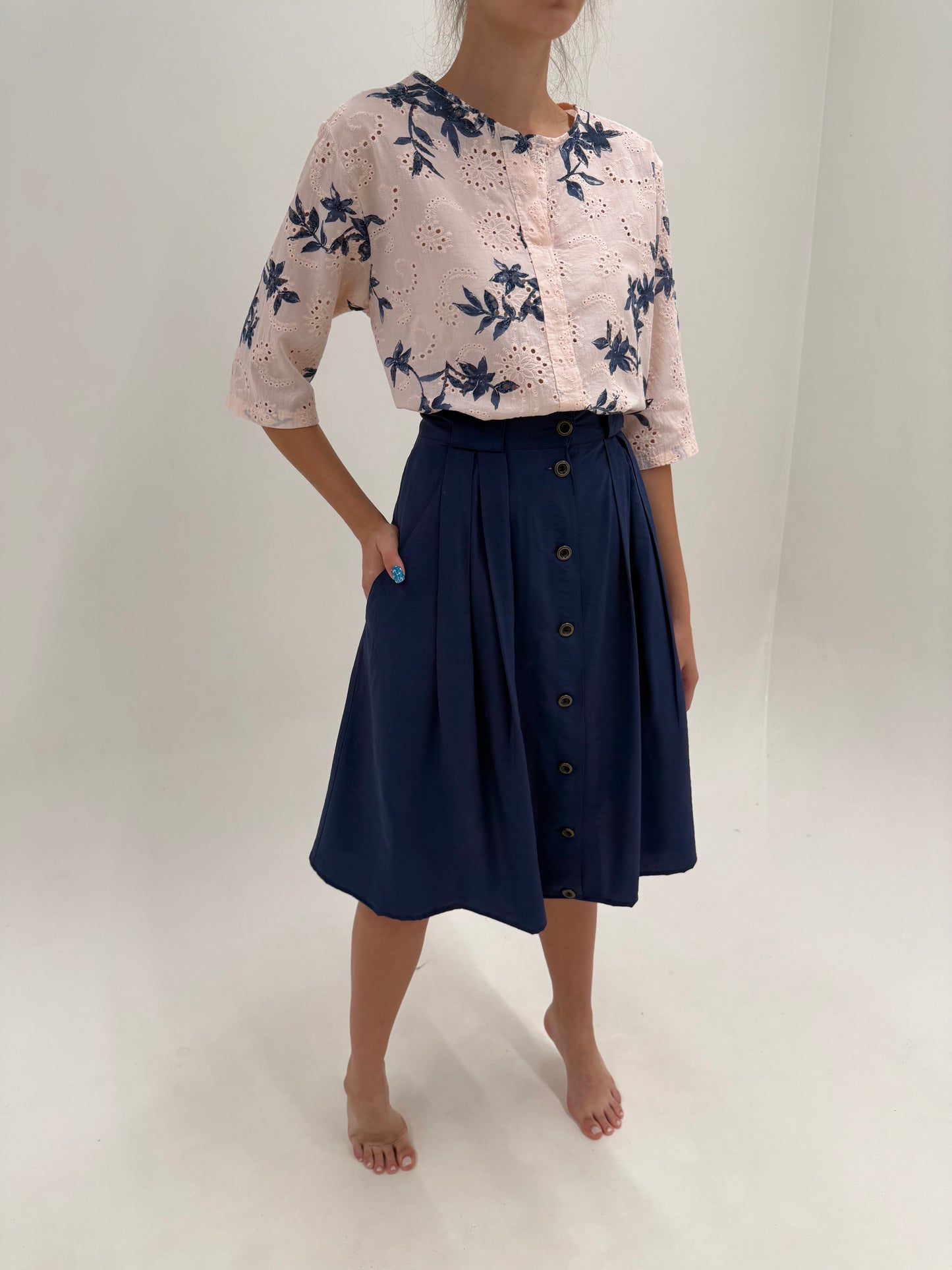 Fustă din canvas moale Navy blue cu talie ultra înaltă și buzunare în croi amplu