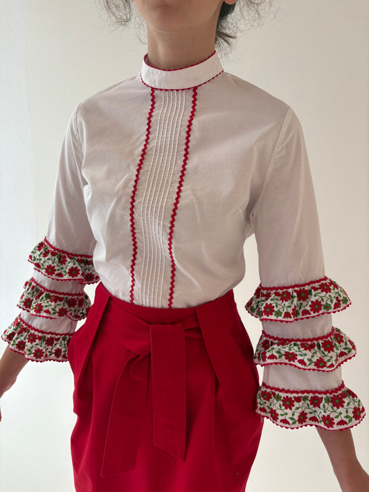 Top vintage cu broderie manuală excepțională din poplin de bumbac