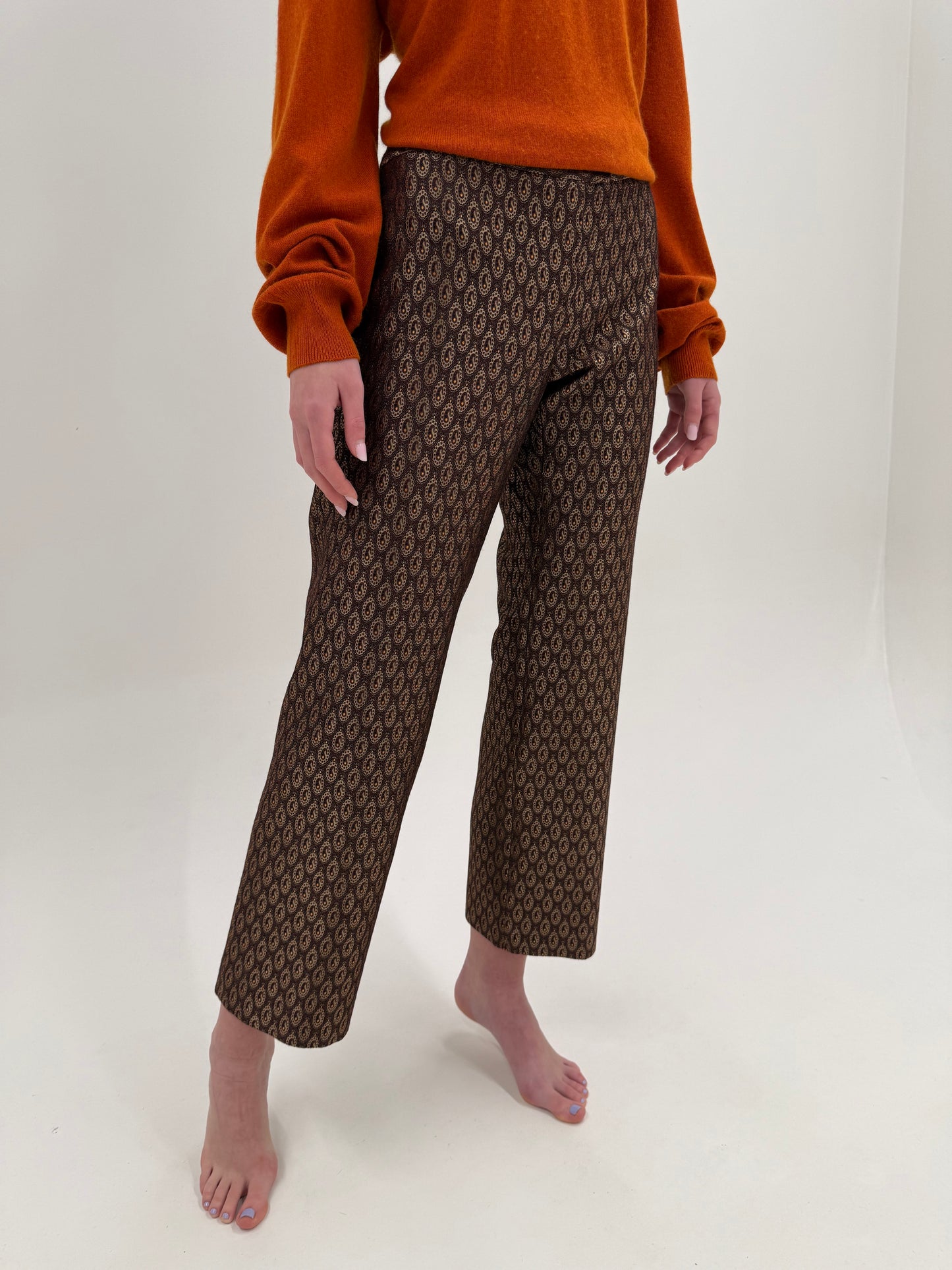 Pantaloni luxury Cerutti din brocart excepțional cu lana și fire aurii pudrat