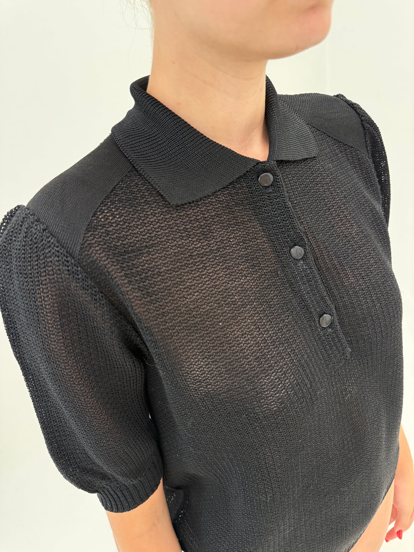 Tricou polo italian vintage negru cu mânecuțe ușor bufante din jerse premium