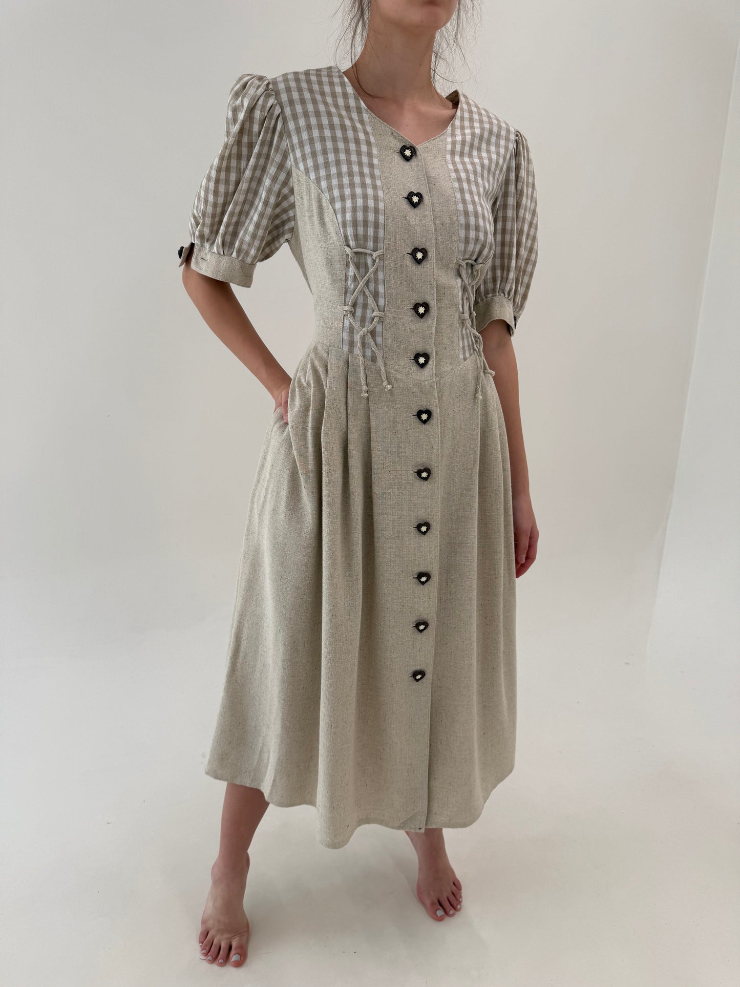 Rochie vintage din pânză excepțională de in cu bumbac reglabilă
