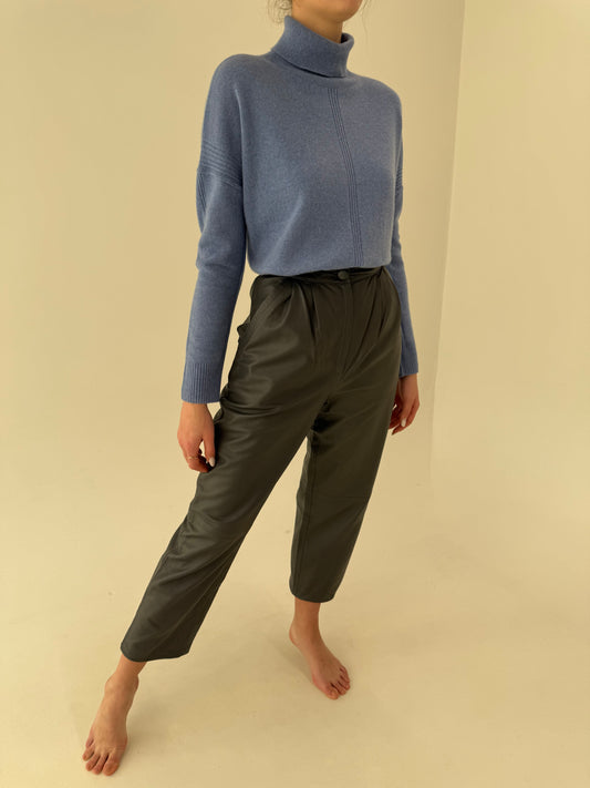 Pantaloni din piele naturală steel gray cu talie extrem de înaltă și pense